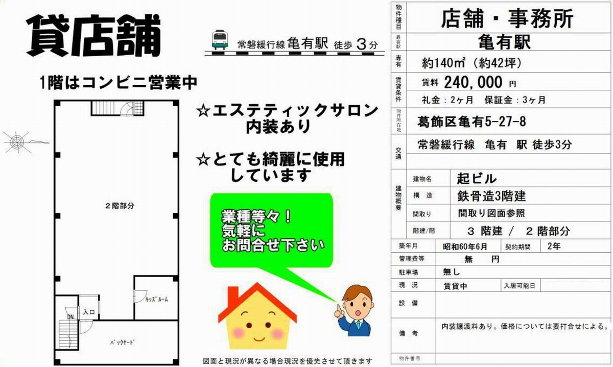 葛飾区亀有5 27 8 亀有駅 起ビルの貸事務所 貸店舗 賃貸オフィス 物件詳細 不動産i Land