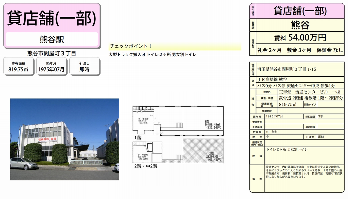 熊谷市問屋町3 1 15 熊谷駅 玉章堂 流通センタービル 1 2f部分の賃貸事務所 貸事務所 貸店舗の詳細 テナント Biz 265