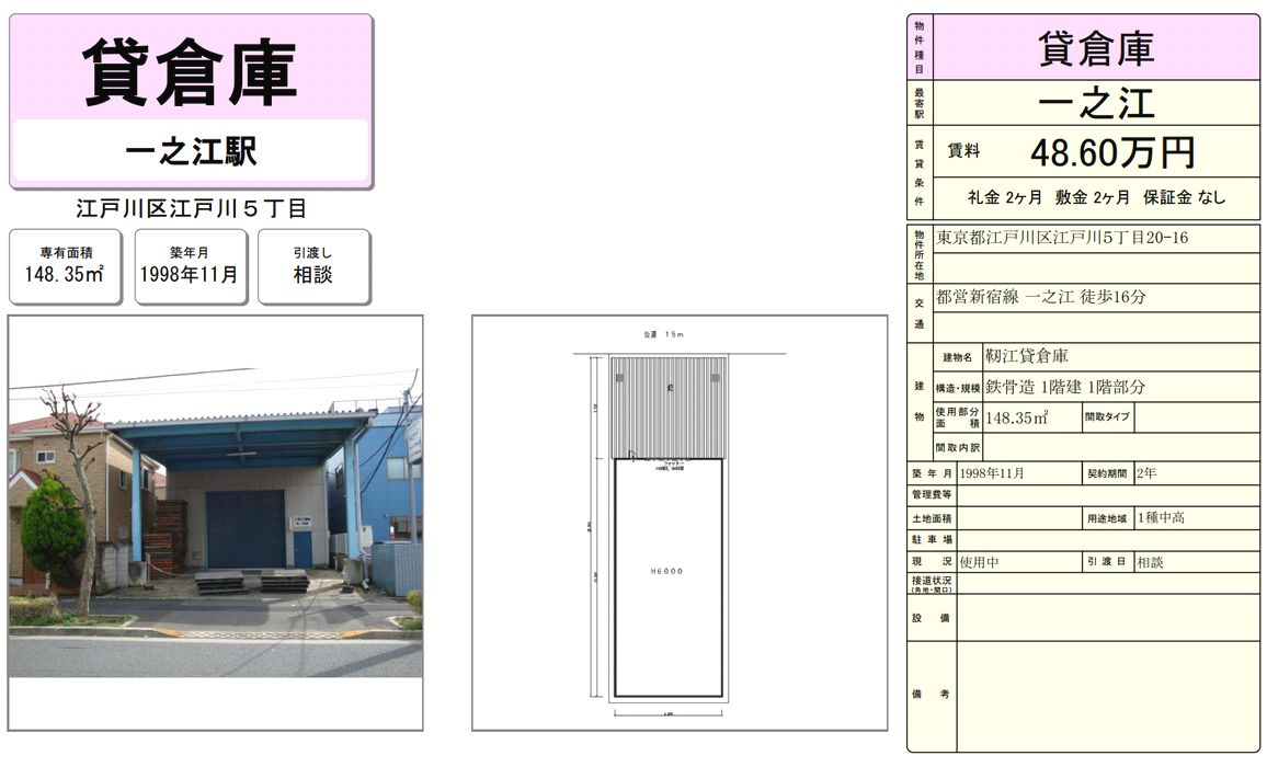 江戸川区江戸川5 16 一之江駅 靭江貸倉庫の賃貸事務所 貸事務所 貸店舗の詳細 テナント Biz 411